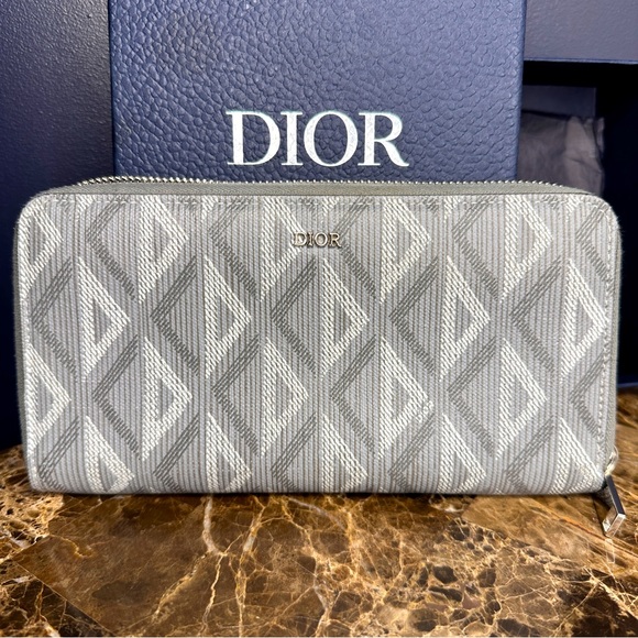 Christian Dior Long Zip Wallet With Box And Dust Bag Grey Monogram Diamond - Picture 1 of 10